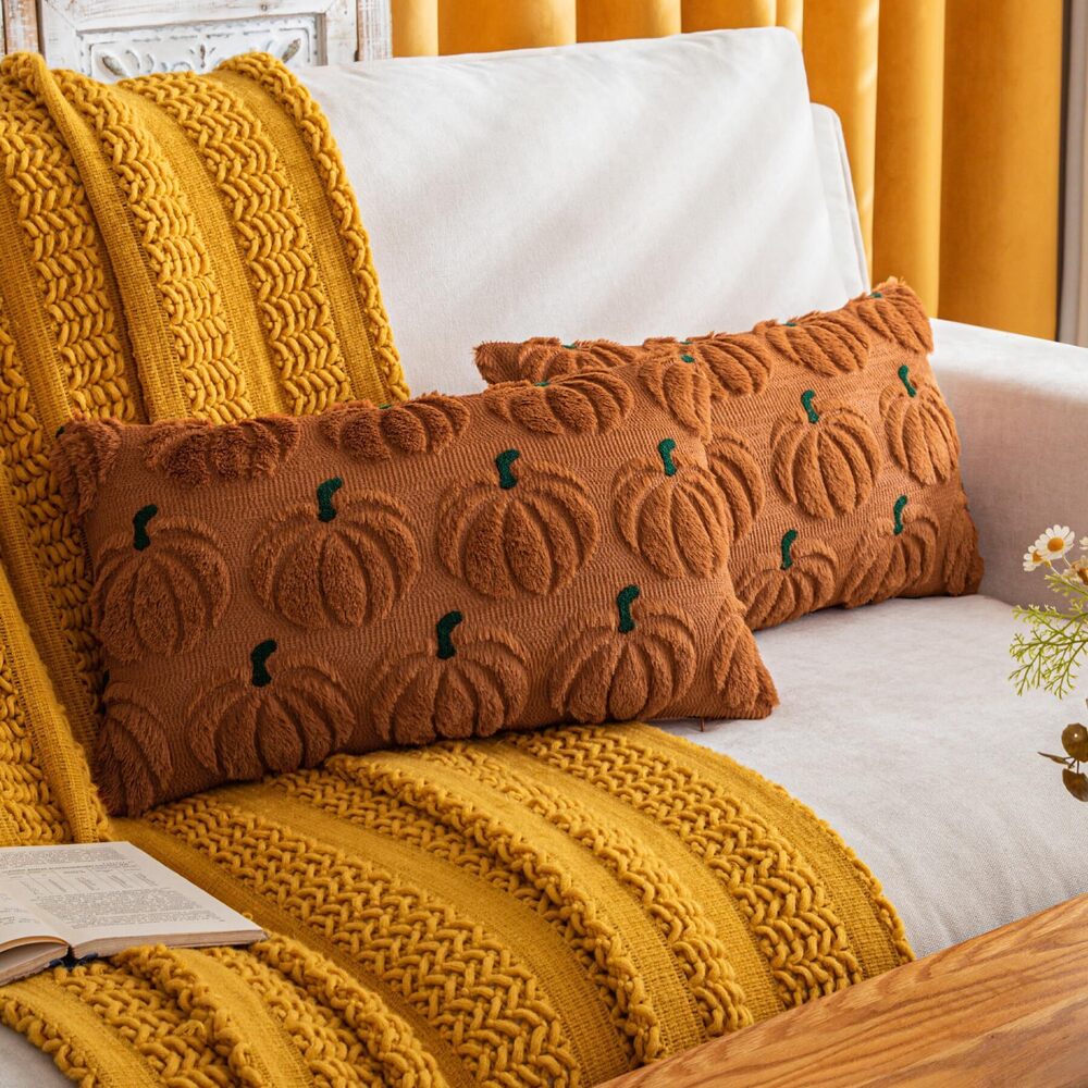 1143 Pumpkin Fall Decorative Throw Pillow Covers 12"x20", Set of 2 Rust